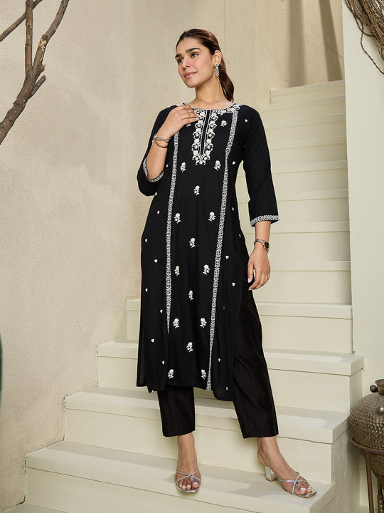 Black Embroidered Straight Kurtas