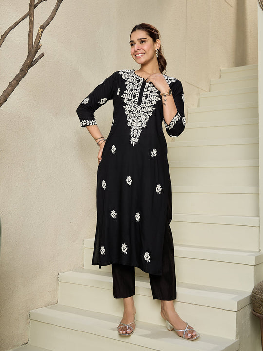 Indo Era Black Embroidered Straight Kurtas