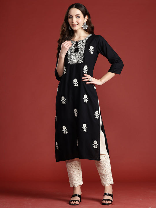 Indo Era Black Embroidered Straight Kurtas