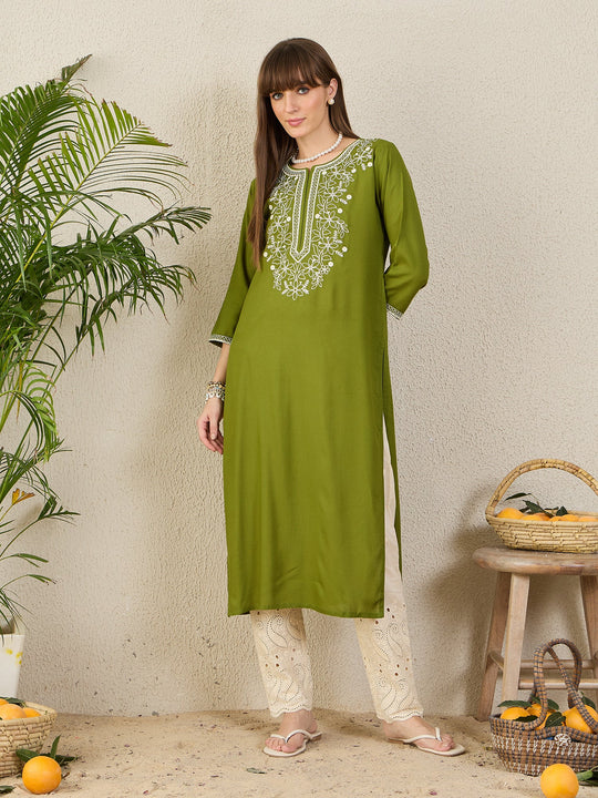 Indo Era Green Embroidered Straight Kurtas