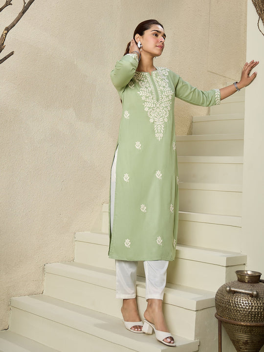 Indo Era Green Embroidered Straight Kurtas