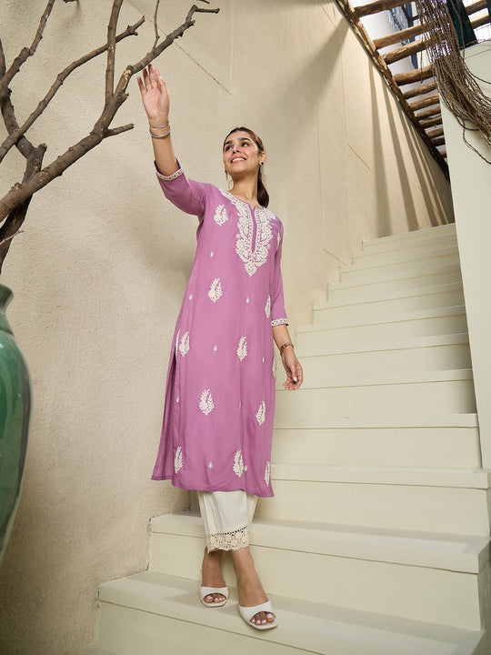 Indo Era Lavender Embroidered Straight Kurtas
