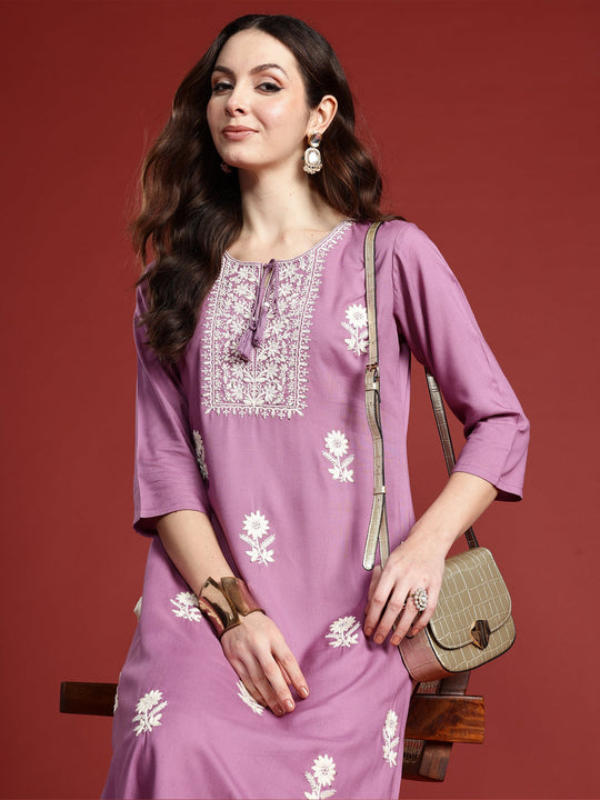 Indo Era Lavender Embroidered Straight Kurtas