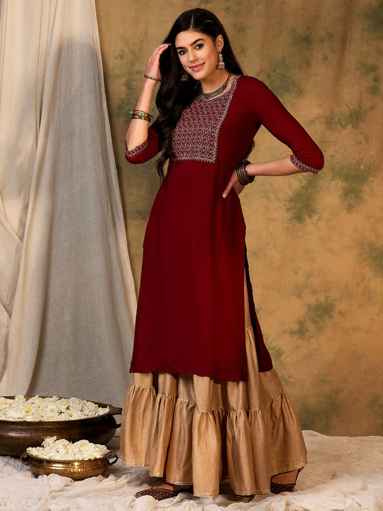 Indo Era Maroon Embroidered Straight Kurtas