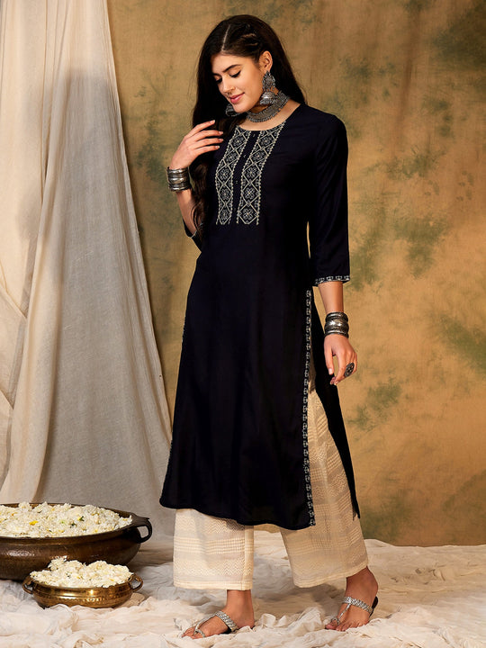 Indo Era Navy Blue Embroidered Straight Kurtas