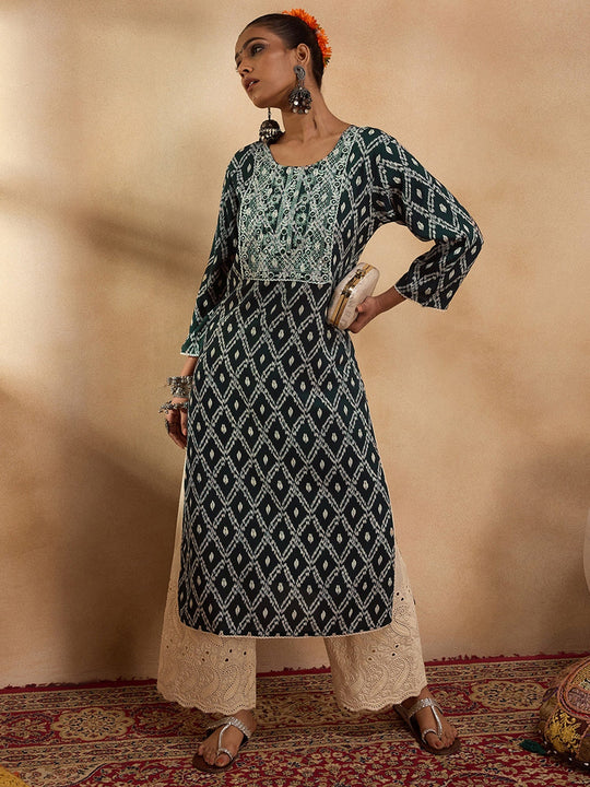 Indo Era Green Printed Straight Kurtas
