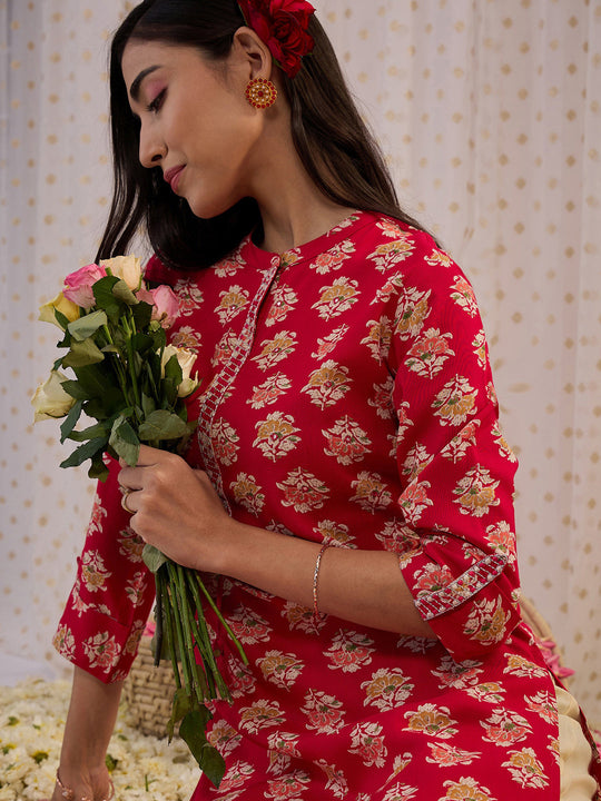 Indo Era Pink Printed Straight Kurtas