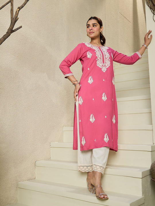 Indo Era Pink Embroidered Straight Kurtas