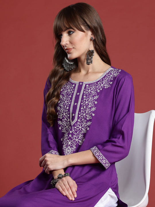 Indo Era Purple Embroidered Straight Kurtas