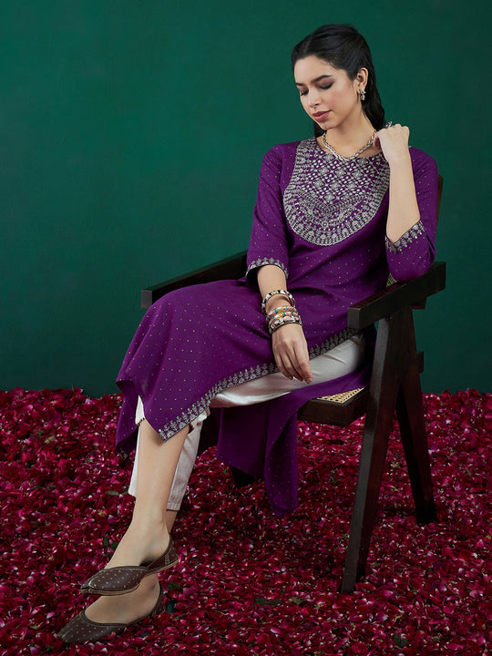 Indo Era Purple Embroidered Straight Kurtas
