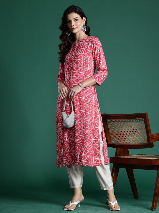 Indo Era Red Printed Straight Kurtas