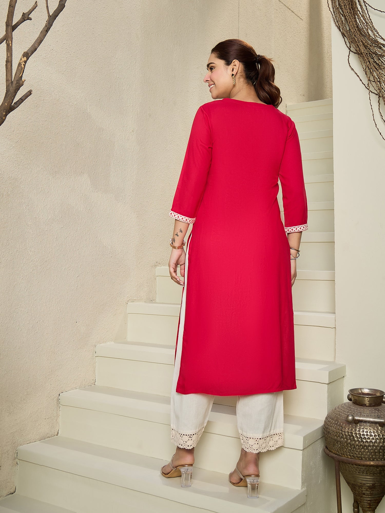 indo era, suit, kurta set for women, indo era kurta, kurta sets for ladies, summer dresses for women, 3 piece suit, cotton kurta set for women, new arrivals, women kurti plazo set, women in suit, kurta suit, floral kurta, short suit, spring summer, Red kurta