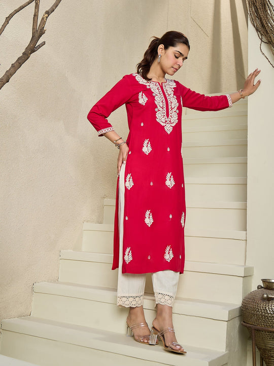 Indo Era Red Embroidered Straight Kurtas