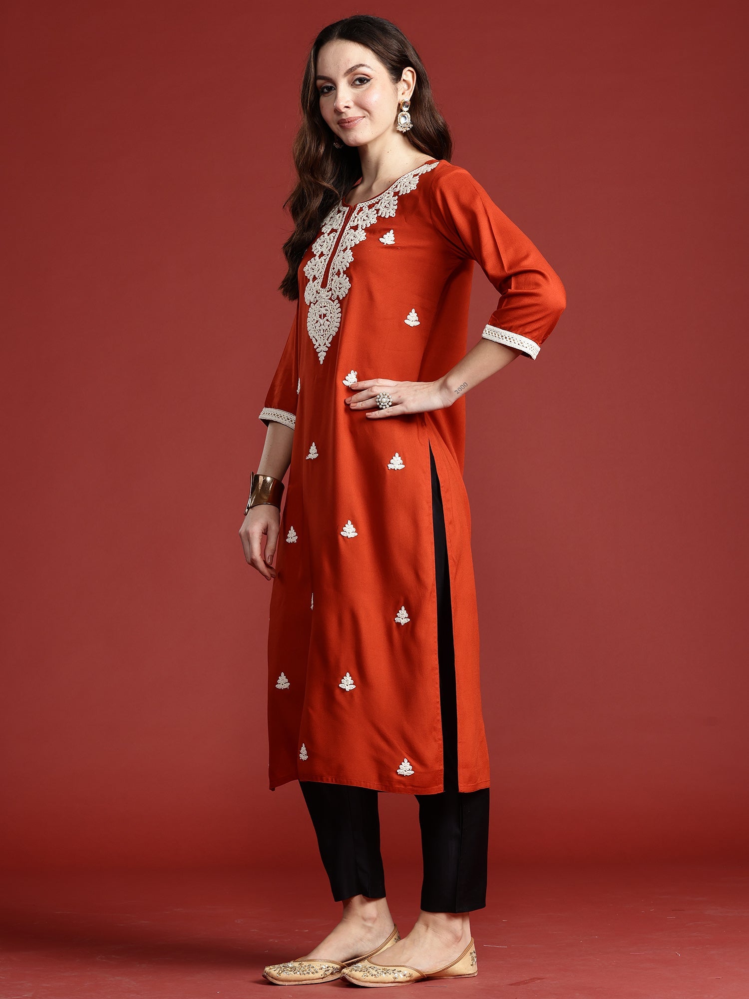 indo era, suit, kurta set for women, indo era kurta, kurta sets for ladies, summer dresses for women, 3 piece suit, cotton kurta set for women, new arrivals, women kurti plazo set, women in suit, kurta suit, floral kurta, short suit, spring summer, Rust kurta