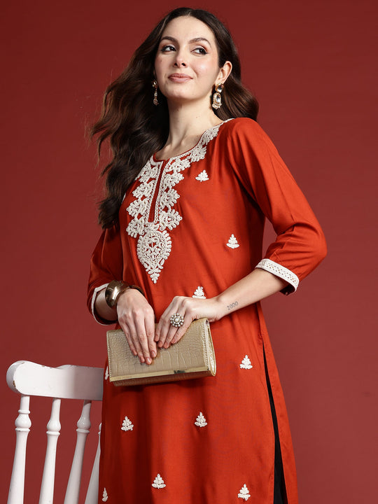 Indo Era Rust Embroidered Straight Kurtas