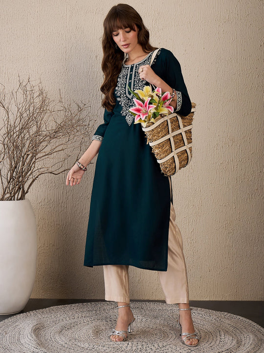 Indo Era Teal Embroidered Straight Kurtas