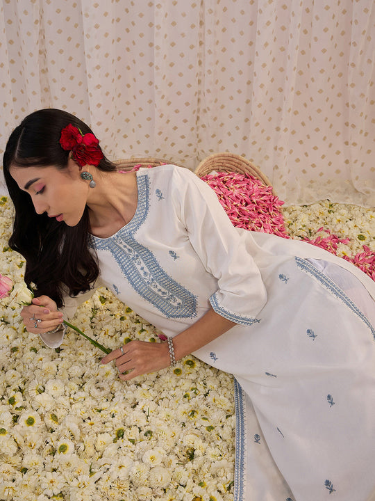 Indo Era White Embroidered Straight Kurtas