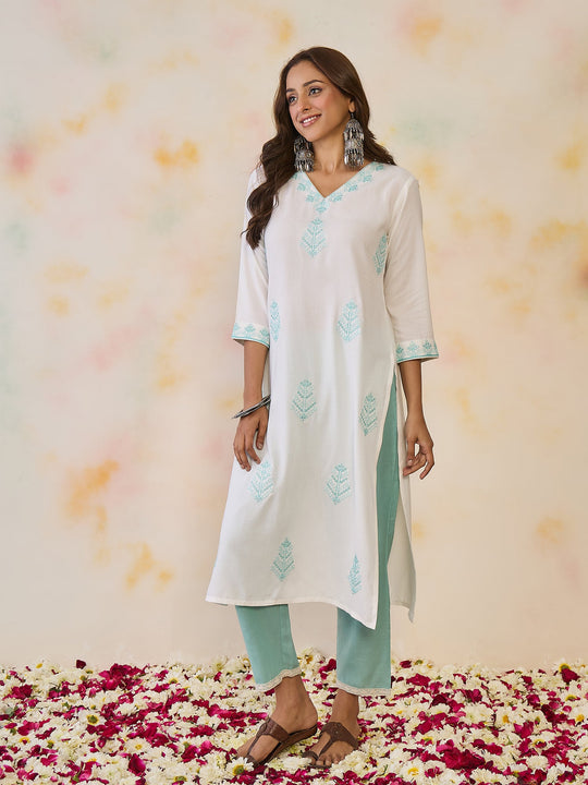 Indo Era White Embroidered Straight Kurtas