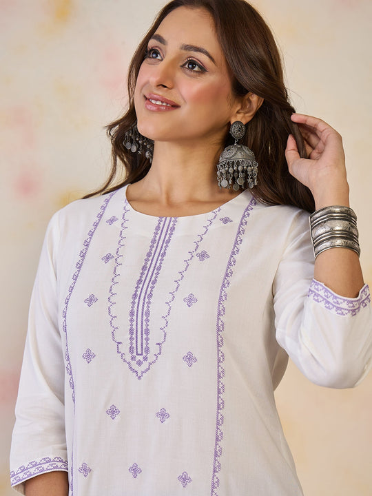 Indo Era White Embroidered Straight Kurtas