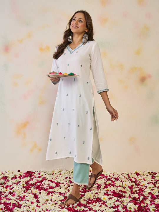 Indo Era White Embroidered Straight Kurtas