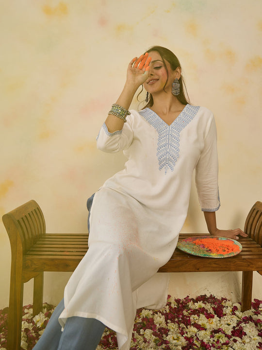 Indo Era White Embroidered Straight Kurtas