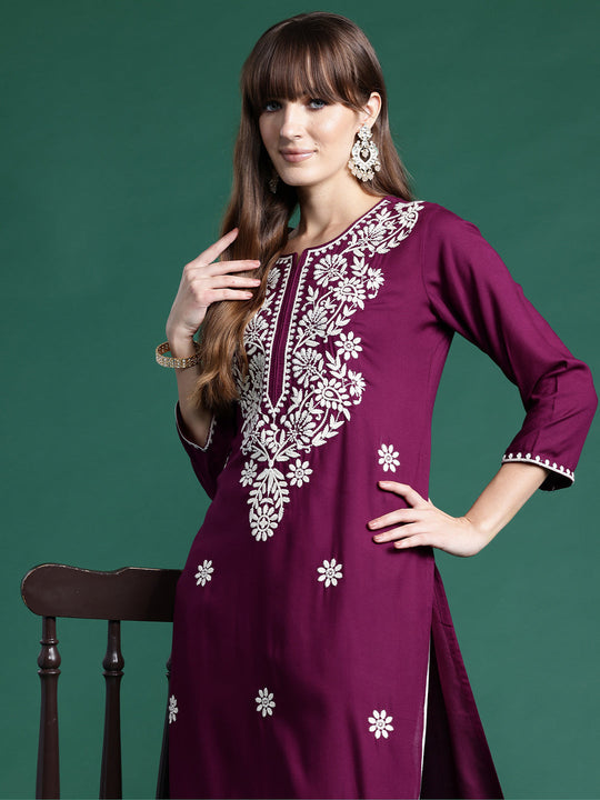 indo era Burgundy Embroidered Straight Kurtas