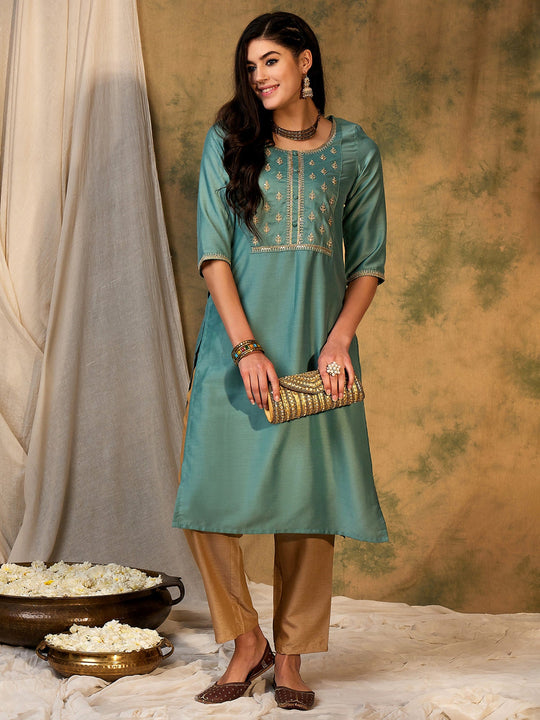 Indo Era Blue Embroidered Straight Kurtas