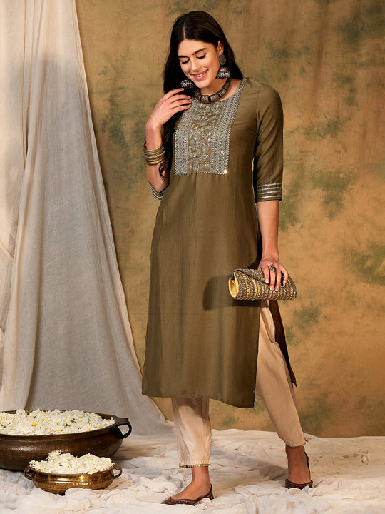 Indo Era Green Embroidered Straight Kurtas