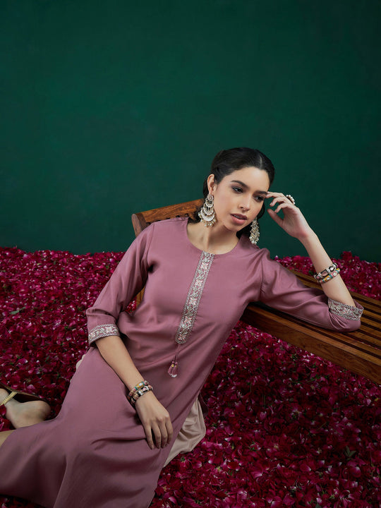 Indo Era Mauve Embroidered Straight Kurtas