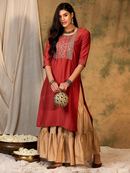 Indo Era Orange Embroidered Straight Kurtas