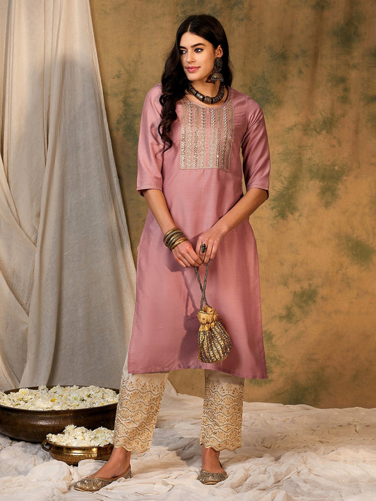 Indo Era Peach Embroidered Straight Kurtas