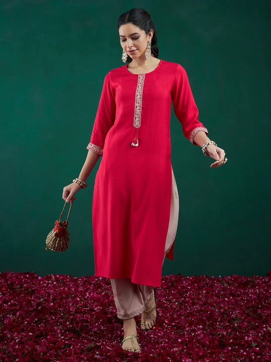 Indo Era Pink Embroidered Straight Kurtas