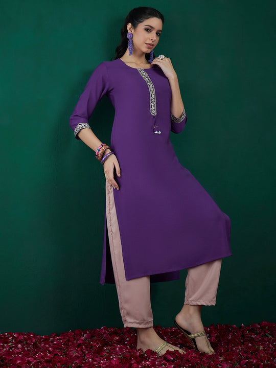 Indo Era Purple Embroidered Straight Kurtas