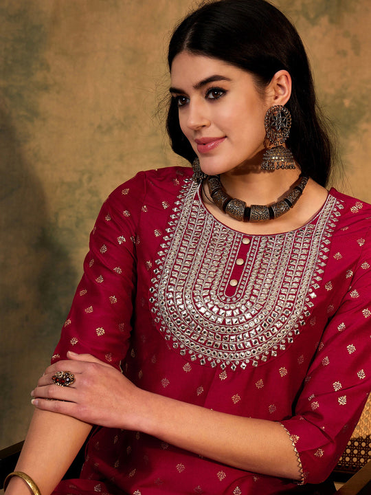Indo Era Red Embroidered Straight Kurtas