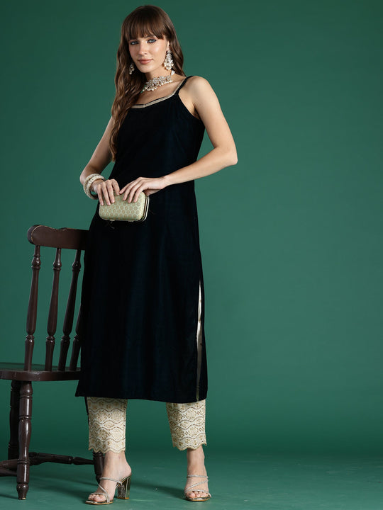 Indo Era Teal Solid Straight Kurtas