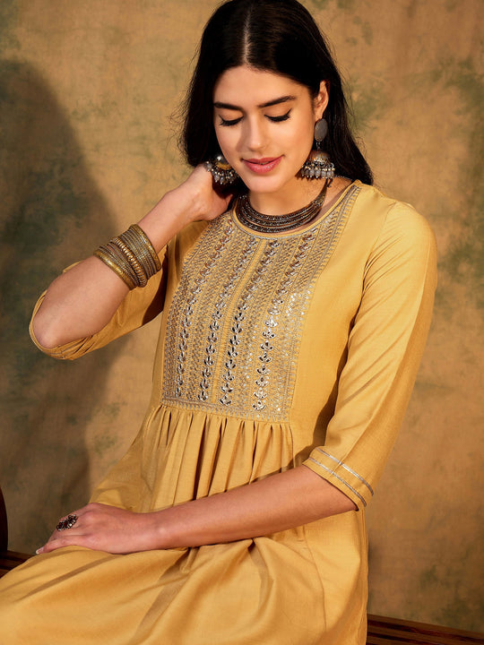 Indo Era Yellow Embroidered A-Line Kurtas
