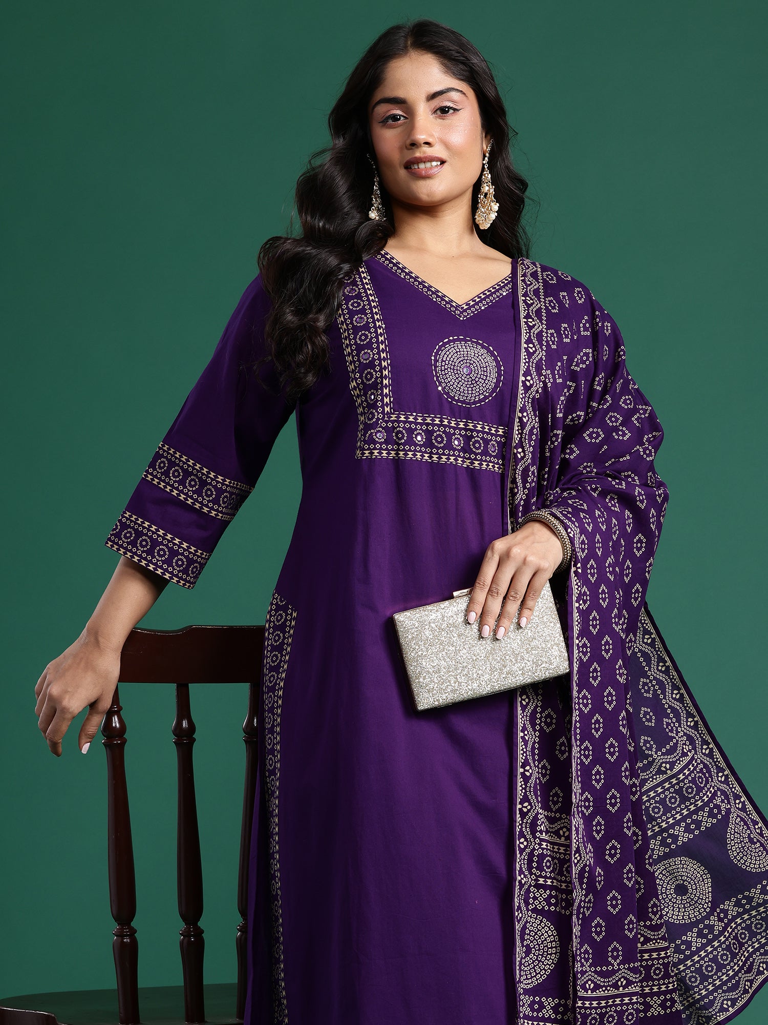 Plus Size Purple Printed Straight Kurta Trousers With Dupatta set