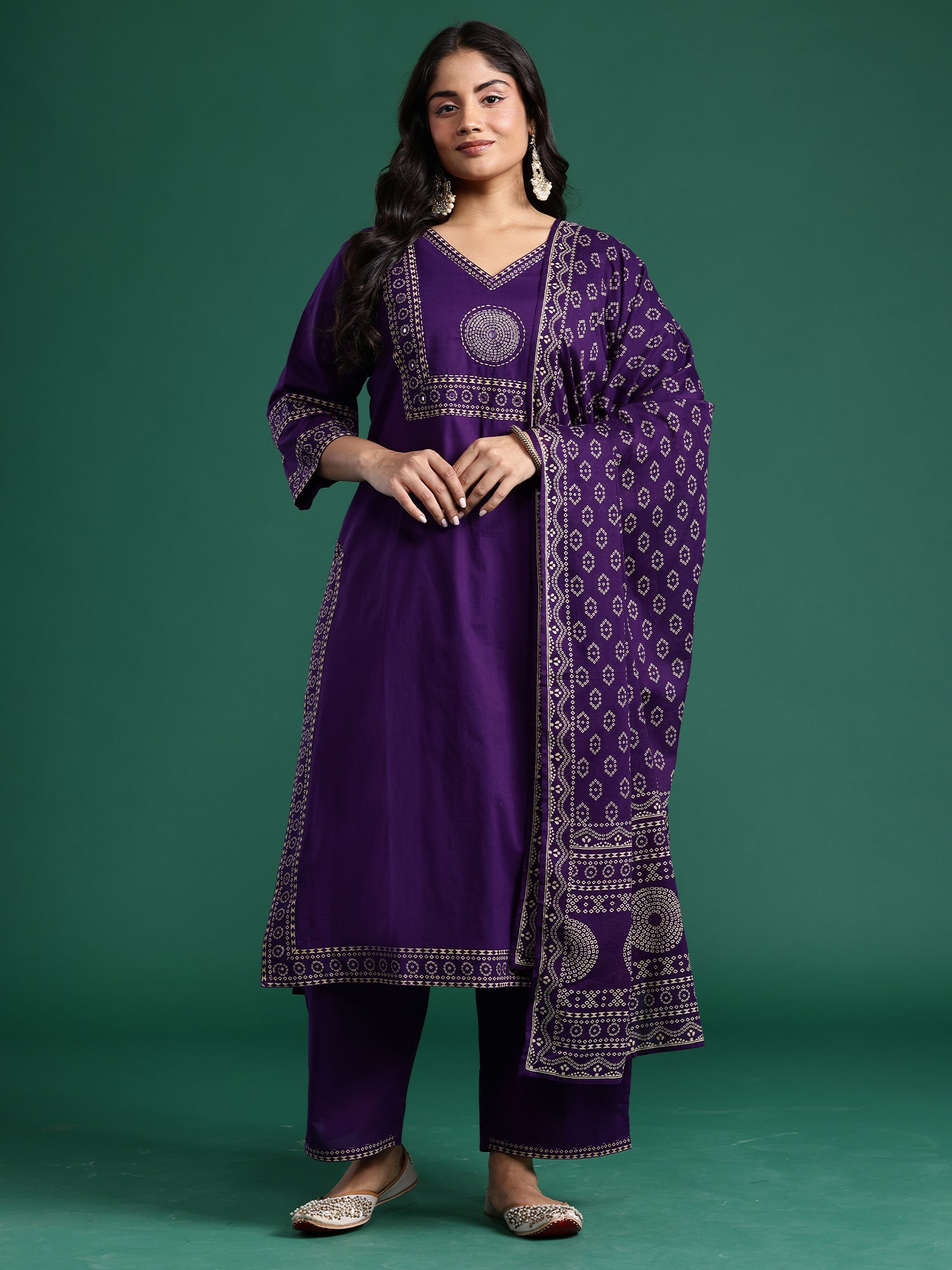 Plus Size Purple Printed Straight Kurta Trousers With Dupatta set