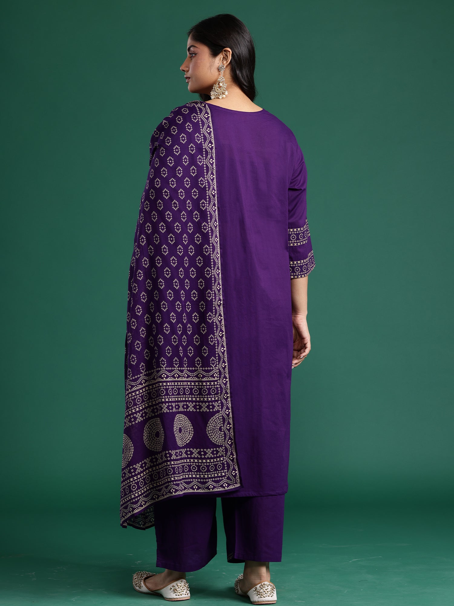 Plus Size Purple Printed Straight Kurta Trousers With Dupatta set