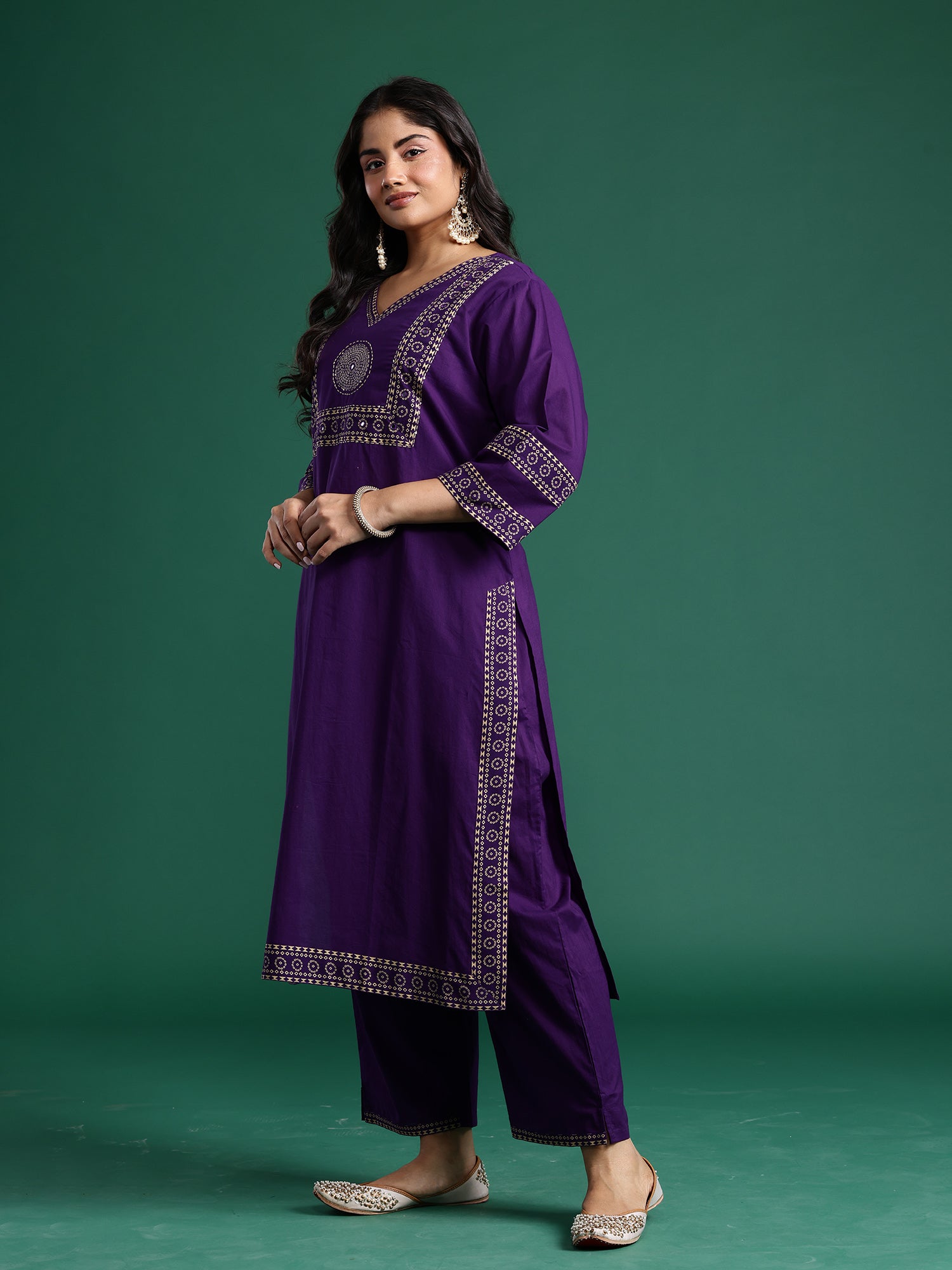 Plus Size Purple Printed Straight Kurta Trousers With Dupatta set