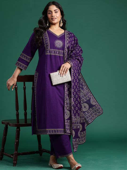 Plus Size Purple Printed Straight Kurta Trousers With Dupatta set