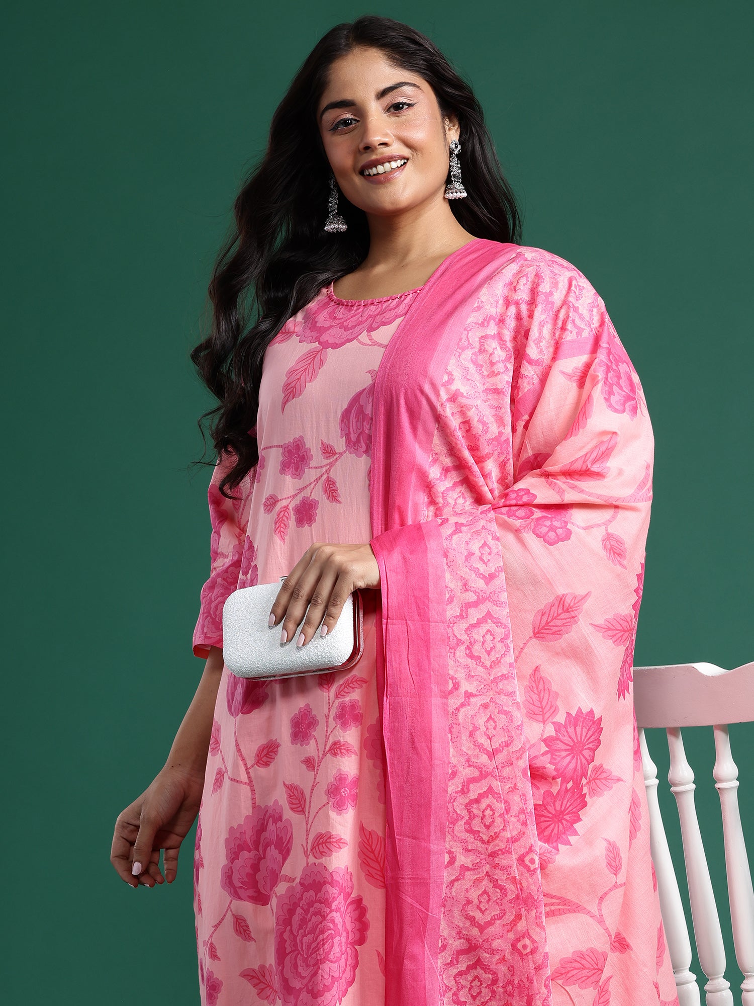 Plus Size Peach Printed Straight Kurta Trousers With Dupatta Set