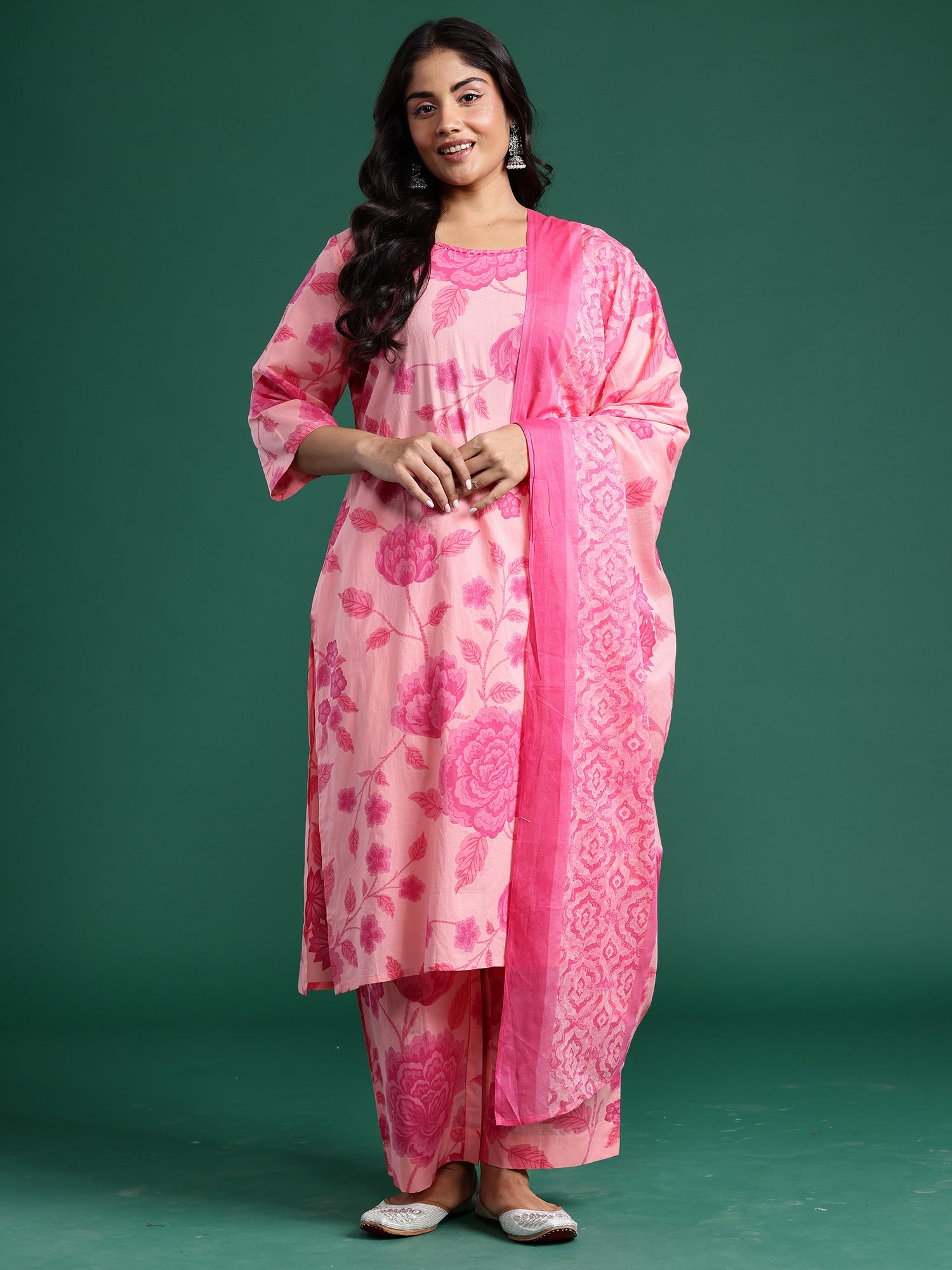 Plus Size Peach Printed Straight Kurta Trousers With Dupatta Set