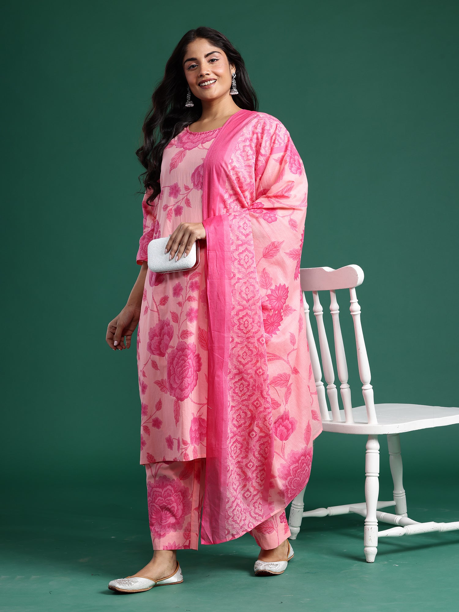 Plus Size Peach Printed Straight Kurta Trousers With Dupatta Set