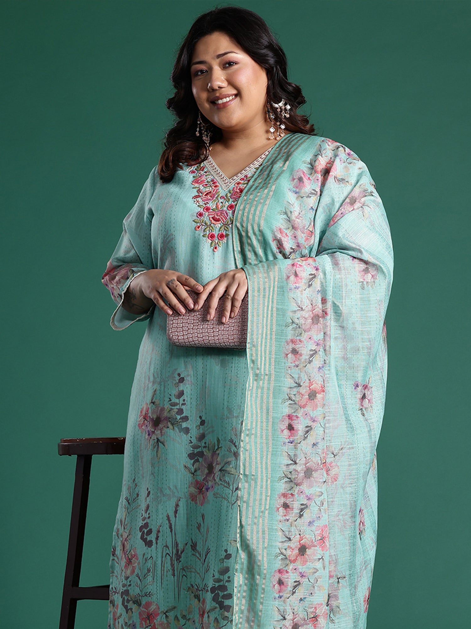 Plus Size Sea Green Embroidered Straight Kurta Trousers With Dupatta set