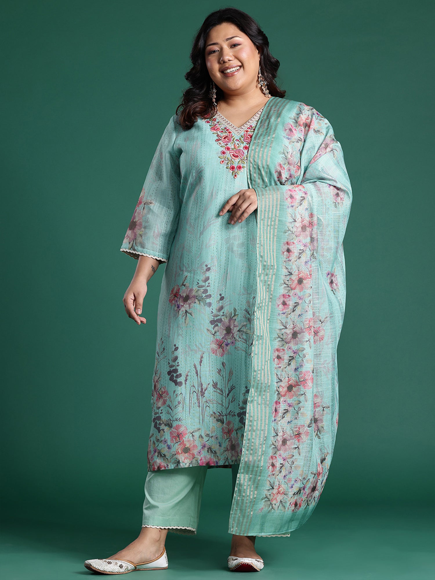 Plus Size Sea Green Embroidered Straight Kurta Trousers With Dupatta set