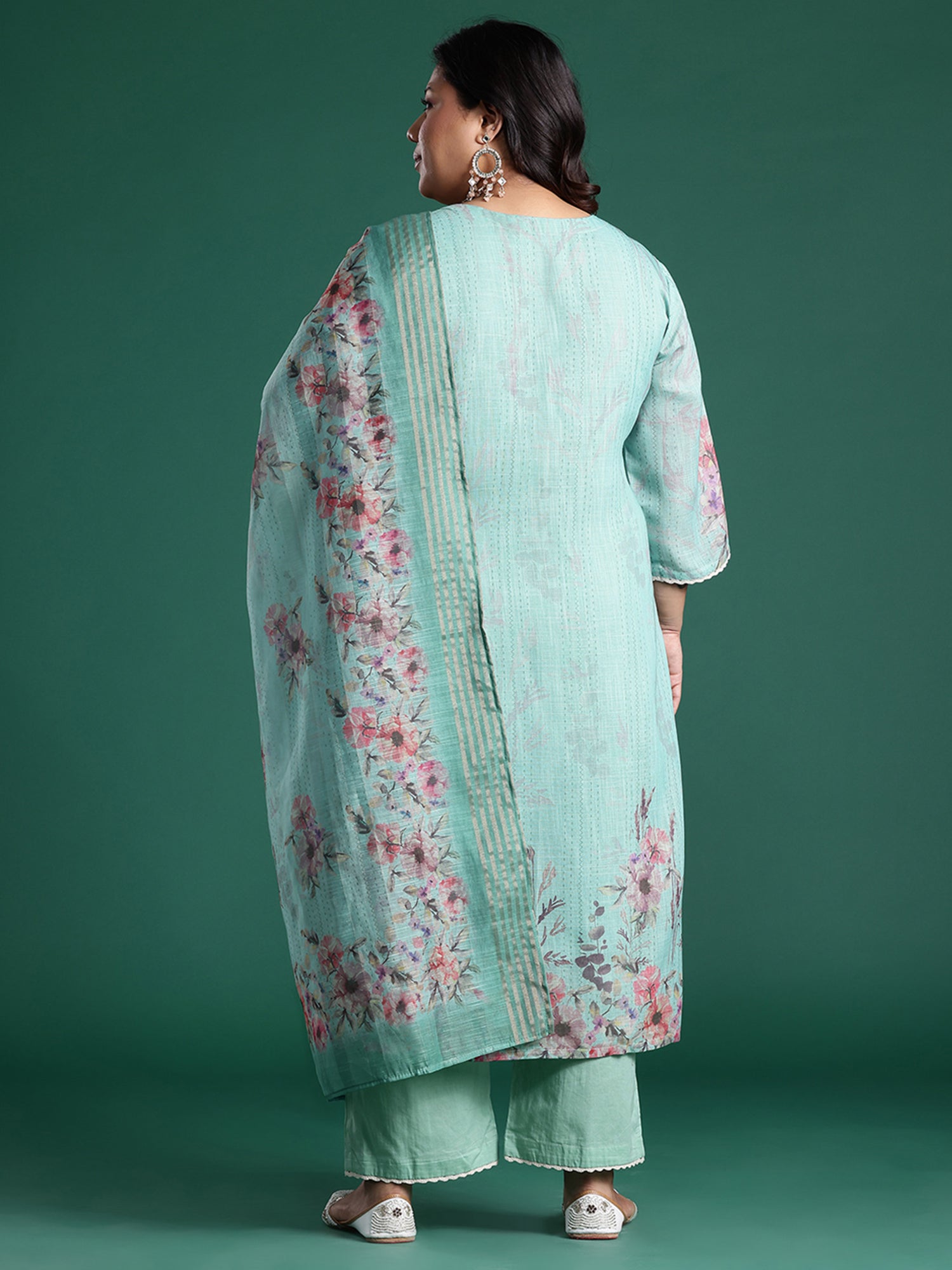 Plus Size Sea Green Embroidered Straight Kurta Trousers With Dupatta set
