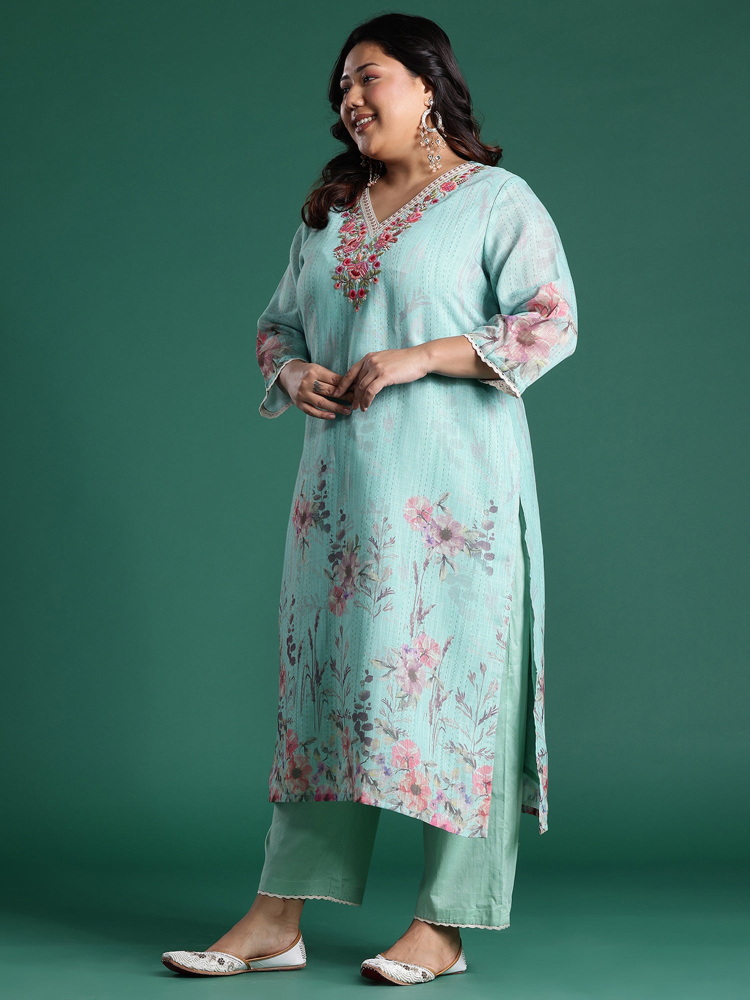 Plus Size Sea Green Embroidered Straight Kurta Trousers With Dupatta set