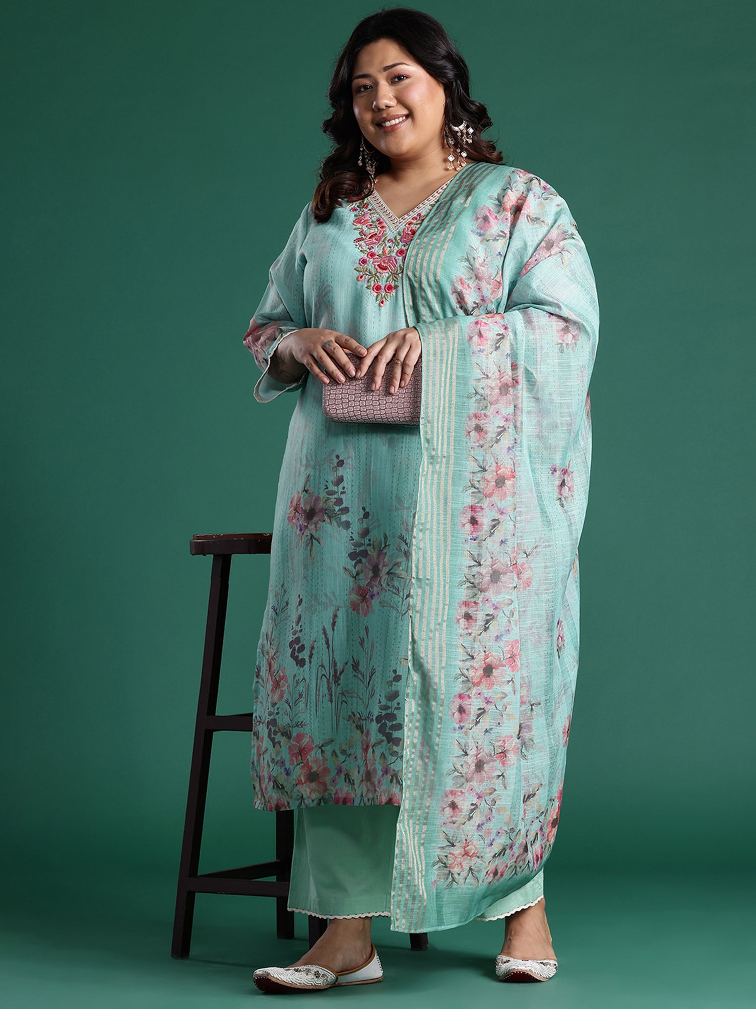 Plus Size Sea Green Embroidered Straight Kurta Trousers With Dupatta set