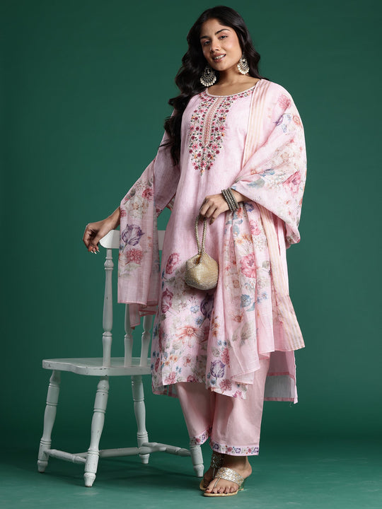 Indo Era Pink Embroidered Straight Kurta Trouser With Dupatta set